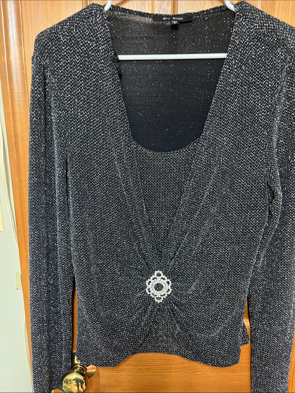 Blu Sage Black Metallic Knot-Front Long Sleeve Top with Brooch